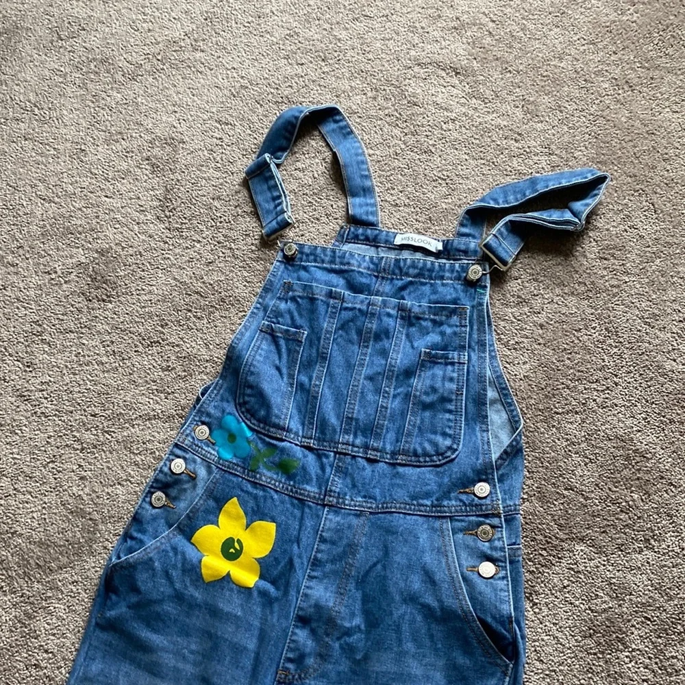 Misslook Floral Painted Denim Overalls Light Wash Blue Wide Leg Casual SIZE S